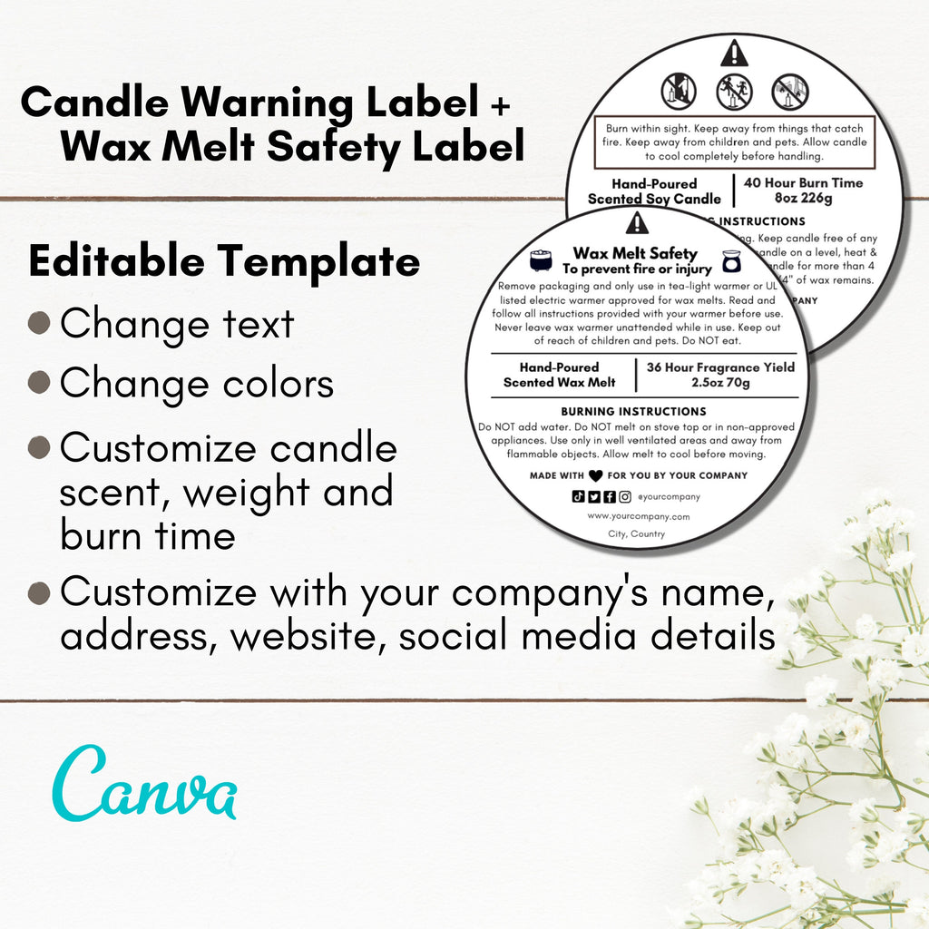 Candle Making Warning, Safety Labels / stickers Sow Wax Melts Various Qty  1043