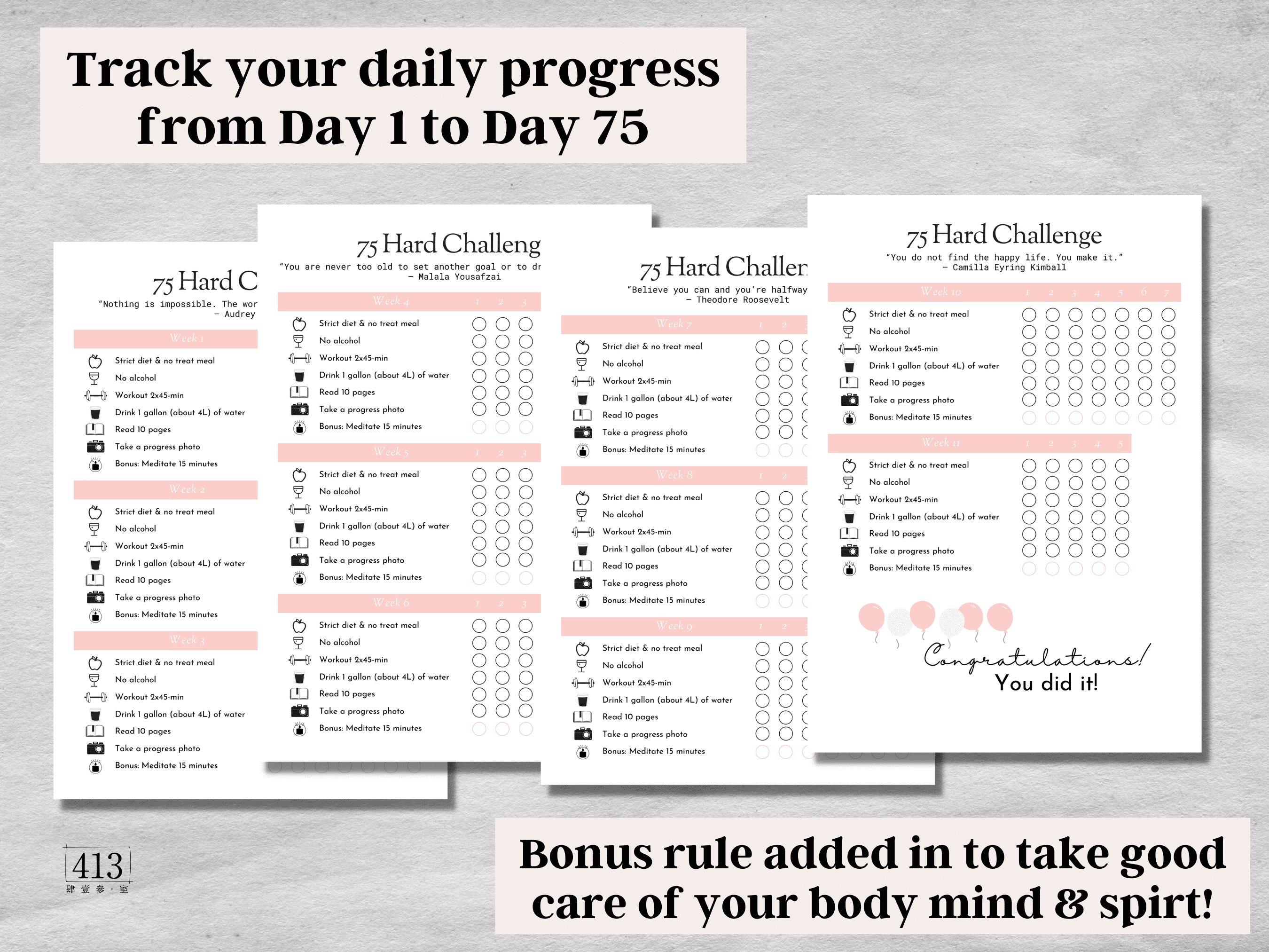 Editable 75 Hard Challenge Tracker V2 413 Studio Design Co