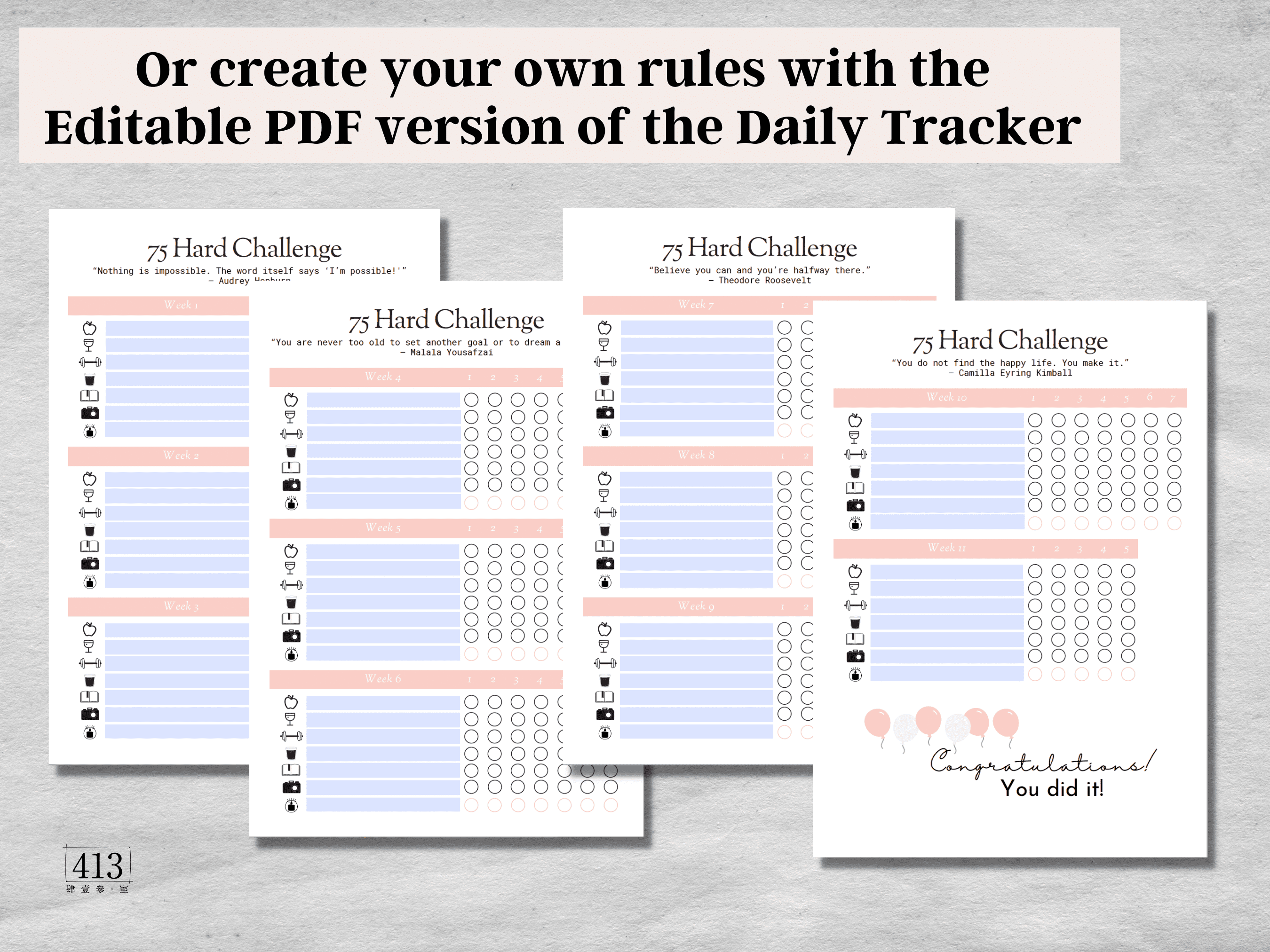 Editable 75 Hard Challenge Tracker V2 413 Studio Design Co