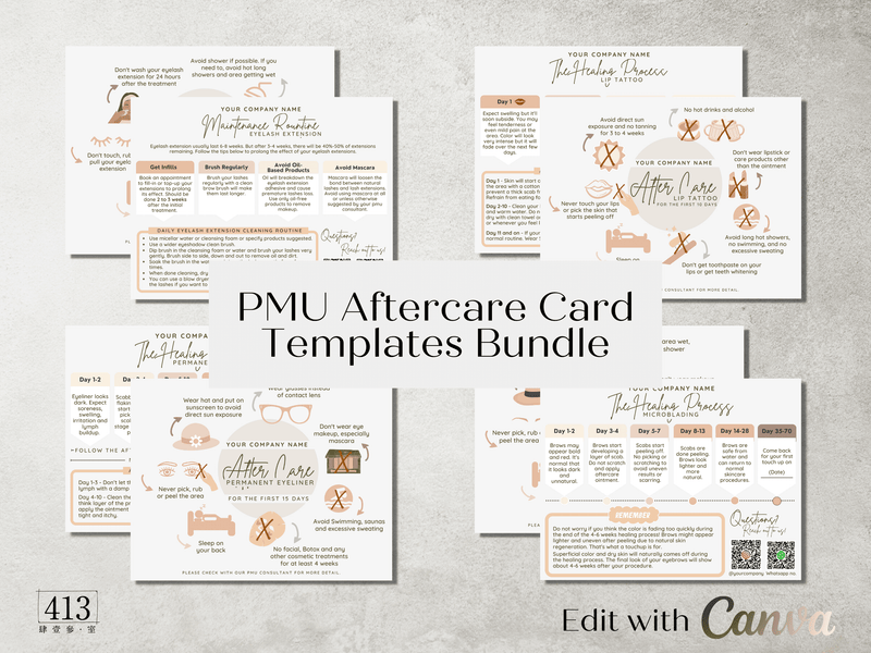 PMU After Care Card Templates Bundle v1, Microblading, Lash Extension, Lip Tattoo, Permanent Eyeliner