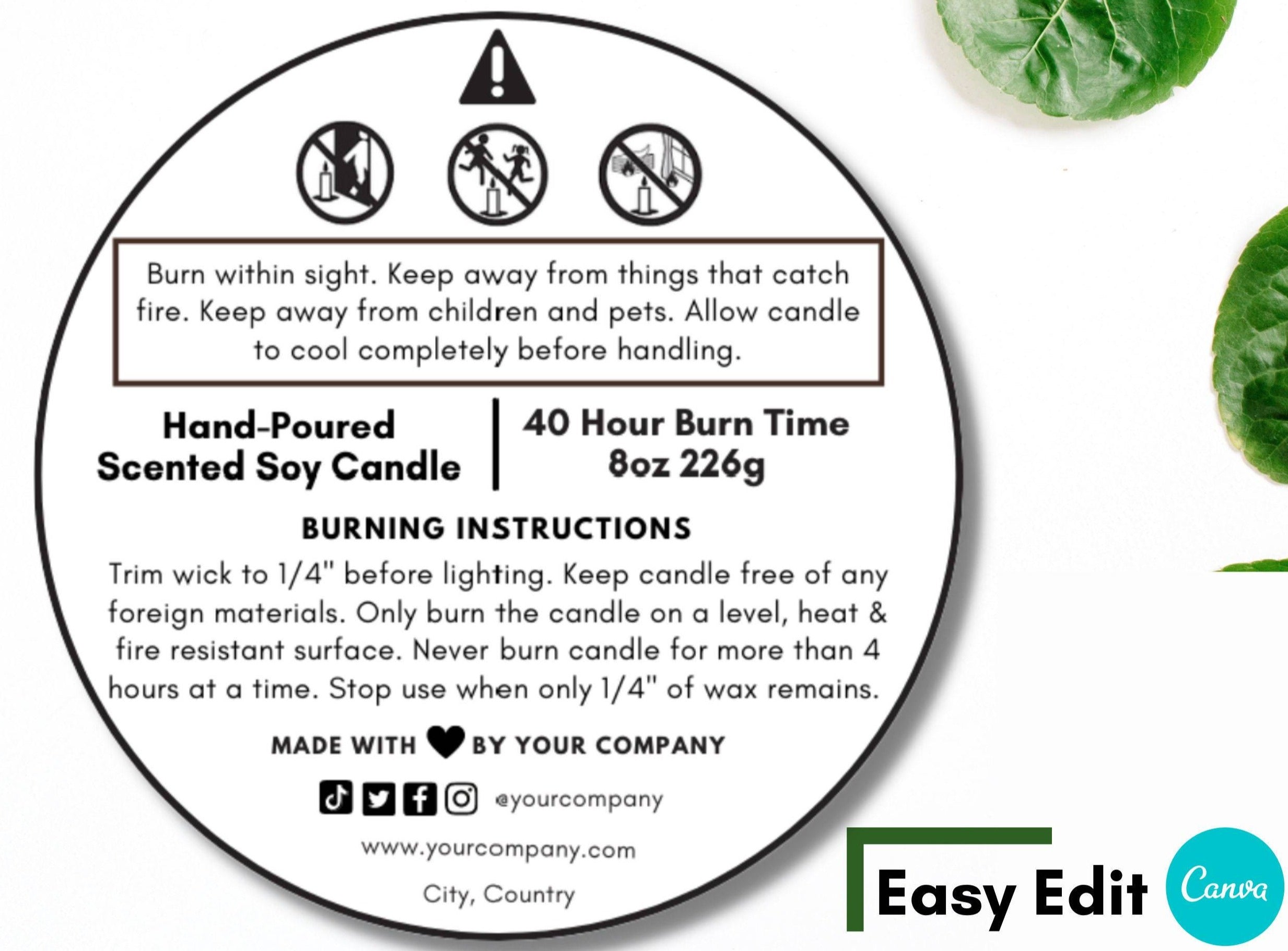 Editable Wax Melt Warning Label Template Care & Fire Safety Instructions